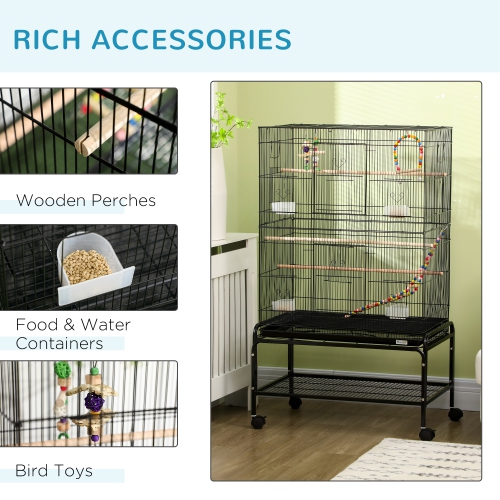 PawHut 52" Bird Cage for Budgies Cockatiels Canaries Lovebirds Finches with Rolling Stand, Toys, Removable Tray, Storage Shelf, Black