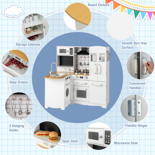 Gymax Kid's Corner Kitchen Playset Wooden Pretend Kitchen Play Toy Set w/ Sound Effect