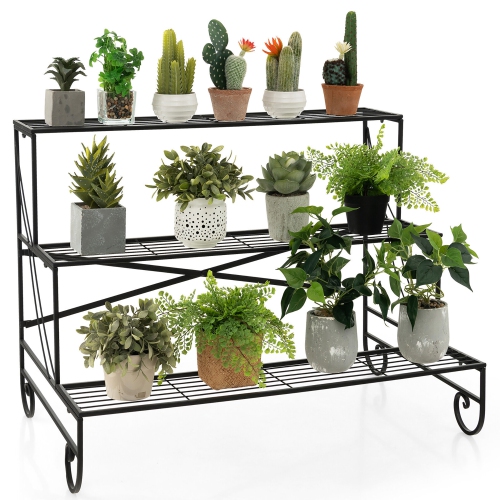 GYMAX  3-Tier Metal Shelf Ladder Shaped Plant Stand Flower Pot Display Rack Organizer