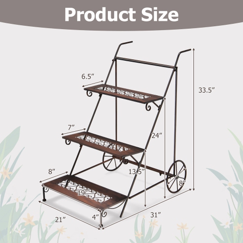 Gymax 3-Tier Metal Plant Stand Ladder Shaped Flower Pot Holder Storage Rack w/ Wheels