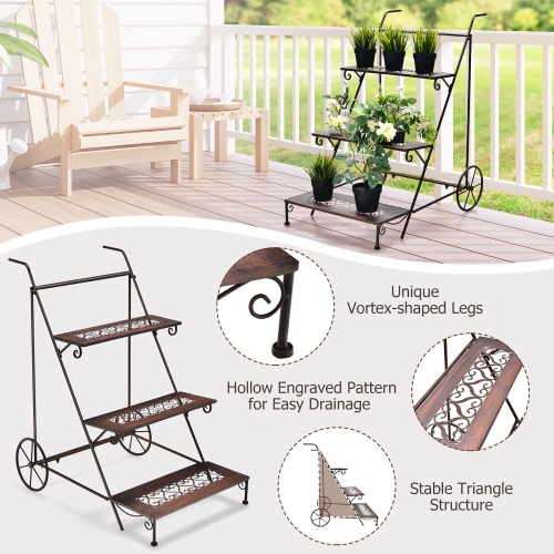 Gymax 3-Tier Metal Plant Stand Ladder Shaped Flower Pot Holder Storage Rack w/ Wheels