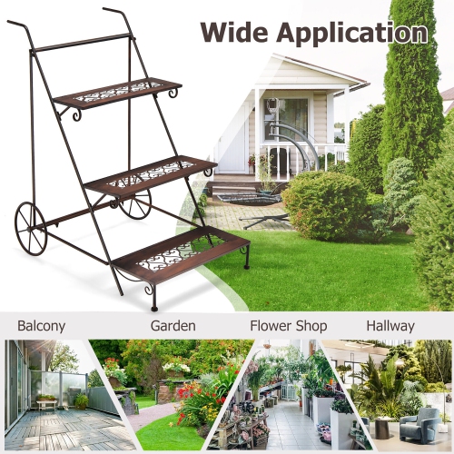 Gymax 3-Tier Metal Plant Stand Ladder Shaped Flower Pot Holder Storage Rack w/ Wheels