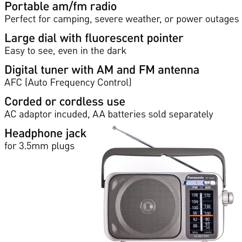Radio AM/FM portative de Panasonic - Argenté + 4 piles AA avec chargeur + chiffon