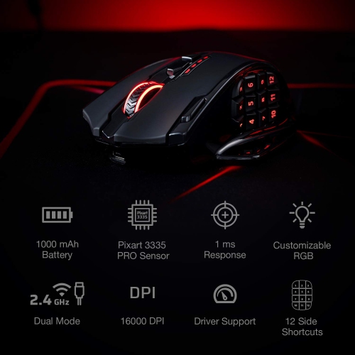 Redragon M913 Impact Elite Wireless Gaming Mouse, 16,000 DPI Wired/Wireless RGB Gamer Mouse with 16 Programmable Buttons, 45 Hr Battery and Pro