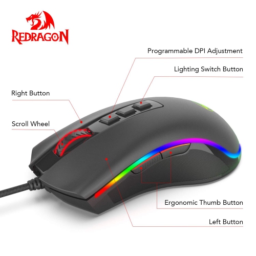 Redragon M711 Cobra Gaming Mouse with 16.8 Million RGB Color Backlit, 10,000 DPI Adjustable, Comfortable Grip, 7 Programmable Buttons