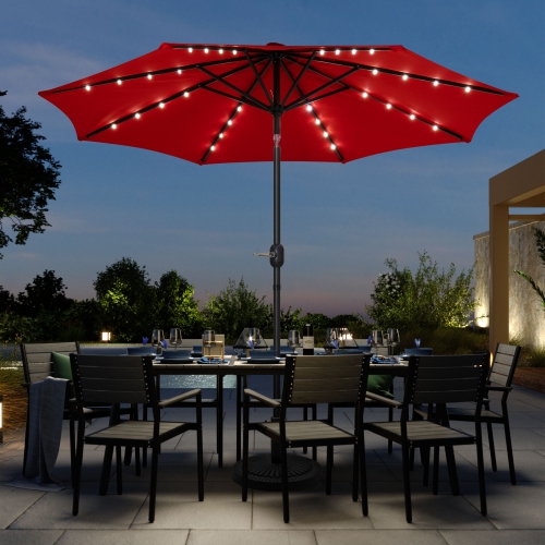 9' Tilting Market Umbrella with DEL Lighting in UV-Protected Polyester - Red