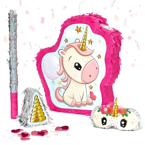 JITTERYGIT Unicorn Pinata Girl Themed Birthday Party Supplies - Mini Piñata, Pink Bat And Treasure Hunt Game Included