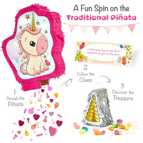 Unicorn Pinata Girl Themed Birthday Party Supplies - Mini Piñata, Pink Bat and Treasure Hunt Game Included!
