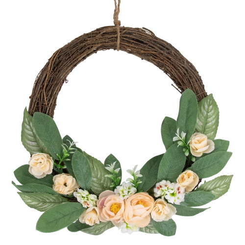 Image 1 of 6.. 14" Mini Peach Rose Half Floral Spring Wreath