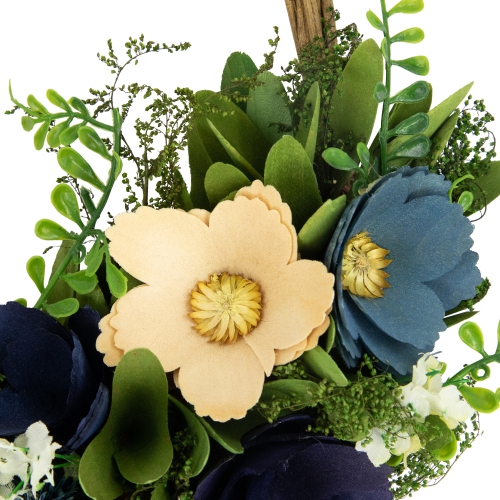 12" Blue and Tan Poppy Floral Wooden Spring Basket Wreath