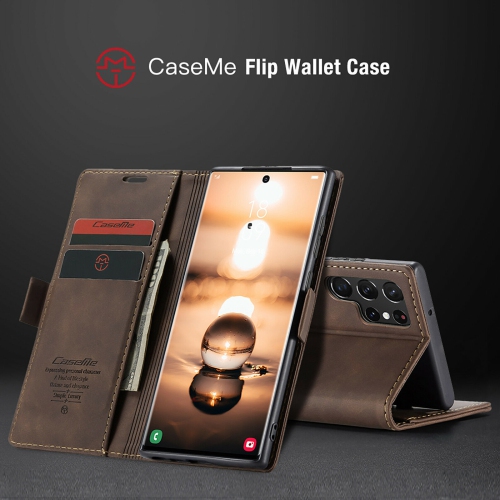 CASEME Retro Handmade Leather Wallet Case with Card Slot & Magnetic Closure for Samsung Galaxy S23 Ultra - Coffee