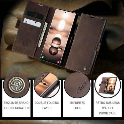 CASEME Retro Handmade Leather Wallet Case with Card Slot & Magnetic Closure for Samsung Galaxy S23 Ultra - Coffee