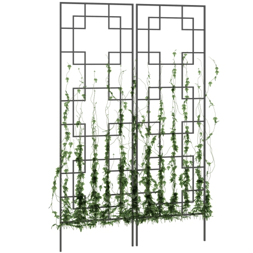 Image 1 de 9.. Outsunny Lot de 2 treillis de jardin pour plantes grimpantes, panneaux de grille en métal d'extérieur pour roses, fleurs de vigne, concombre,