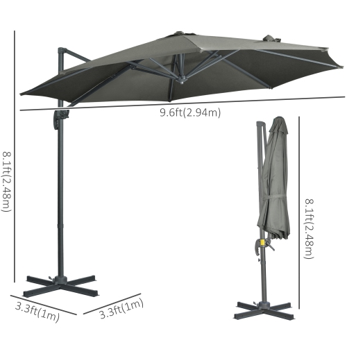 Outsunny ⌀ 9.6' Patio Hanging Offset Umbrella Aluminum Outdoor Cantilever Crank Market Parasol Garden Sun Canopy Shelter, 360° Rotation, Cross Base,