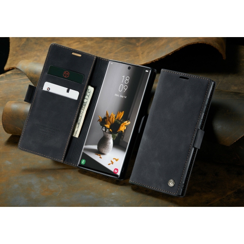 Image 1 de 10.. CaseMe Coque pour Samsung Galaxi S22 ULTRA étui portefeuille en cuir au design classique avec fente pour carte et fermeture magnétique -Noir