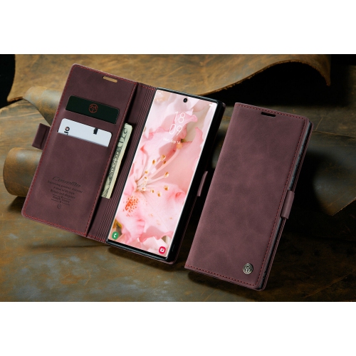 Image 1 de 9.. CaseMe Coque pour Samsung Galaxi S22 ULTRA étui portefeuille en cuir au design classique avec fente pour carte et fermeture magnétique -Rouge