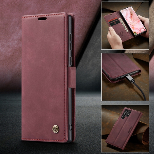 CaseMe Magnetic Stand Flip Protective Cover Leather Flip Cover Purse Style with ID & Credit Card Slots Holder for Samsung Galaxy S22 ULTRA -Wine Red