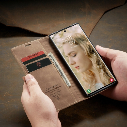 CaseMe Magnetic Stand Flip Protective Cover Leather Flip Cover Purse Style with ID & Credit Card Slots Holder for Samsung Galaxy S23 ULTRA -Brown