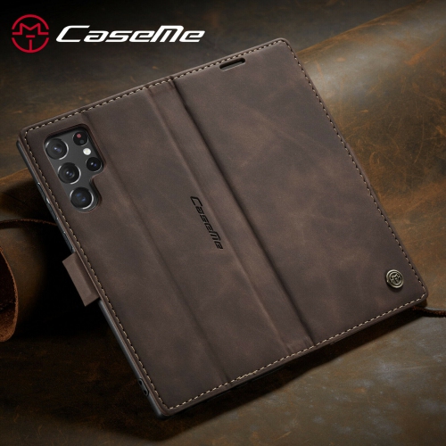 CaseMe Magnetic Stand Flip Protective Cover Leather Flip Cover Purse Style with ID & Credit Card Slots Holder for Samsung Galaxy S23 ULTRA -Coffee
