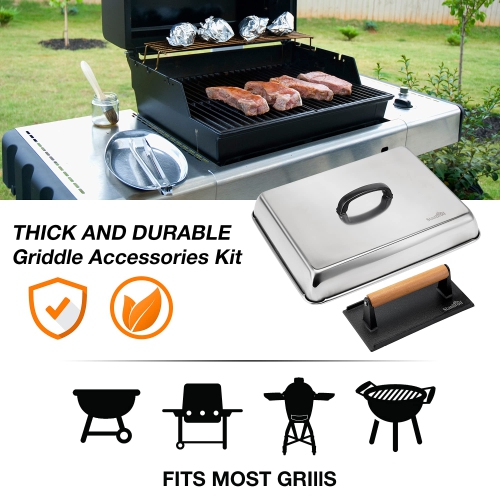 Melting Dome & Grill Press Kit- Stainless Steel Basting Cover Cheese Melting Dome with Cast Iron Burger Bacon Press for Flat Top Griddle Grill