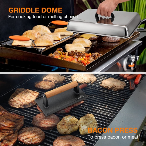 Melting Dome & Grill Press Kit- Stainless Steel Basting Cover Cheese Melting Dome with Cast Iron Burger Bacon Press for Flat Top Griddle Grill