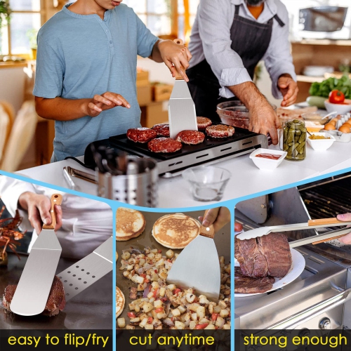 Griddle Accessories Set of 12, Professional Stainless Steel Metal Spatula Tools with 12in Cheese Melting Dome, Heavy Duty Griddle Spatulas Great for