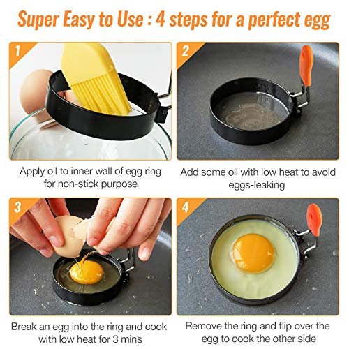 Egg Ring 4 Pack Anti-Scald Non Stick Egg Rings for Frying Anti-Burn Handle Anti-Leak Pancake Mould with Oil Brush Crumpet Rings for Fried Eggs Shaping