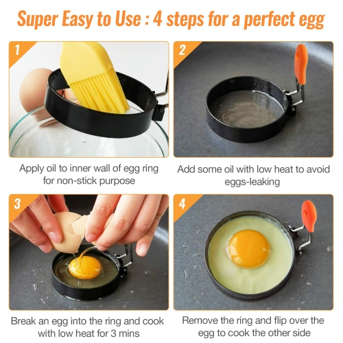 Egg Rings for Frying Egg Mcmuffins Anti-Scald Fold-up Handle Leakproof Egg Mould with Oil Brush Crumpet Rings Breakfast Tool for Frying Eggs