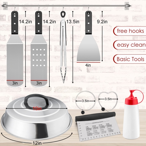 Griddle Accessories Set, Stainless Steel Griddle Tools Kit of 10 for Flat Top Teppanyaki BBQ Cooking Camping, 12” Melting Dome, Metal Spatulas,