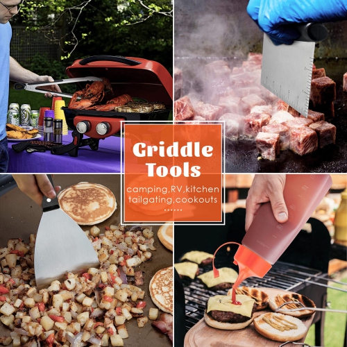 Griddle Accessories Set, Stainless Steel Griddle Tools Kit of 10 for Flat Top Teppanyaki BBQ Cooking Camping, 12” Melting Dome, Metal Spatulas,