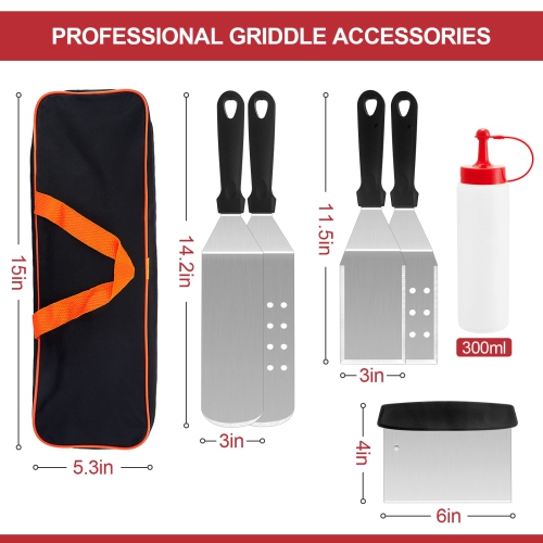 Griddle Accessories Kit of 8, Heavy Duty Metal Spatula Chopper, Professional Stainless Steel Griddle Tools with Storage Bag, Great for Flat Top