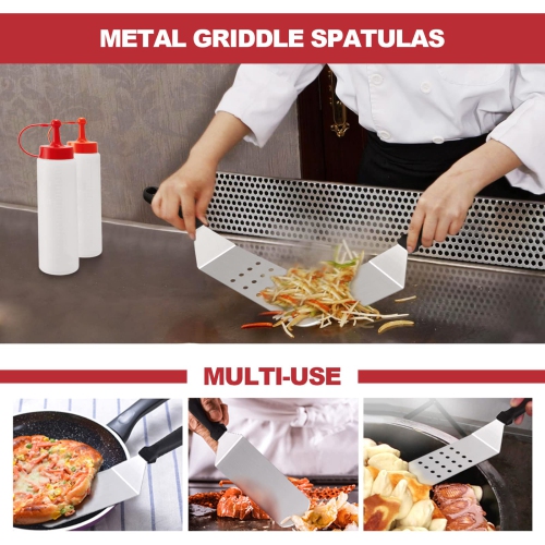 Griddle Accessories Kit of 8, Heavy Duty Metal Spatula Chopper, Professional Stainless Steel Griddle Tools with Storage Bag, Great for Flat Top