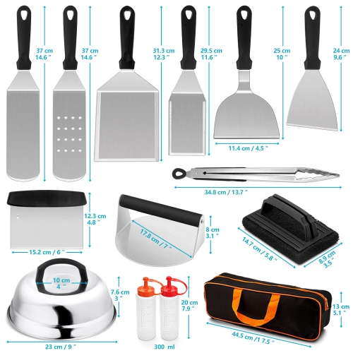 Griddle Accessories Set of 14, Heavy Duty Stainless Steel Grill Griddle Metal Spatulas for Cast Iron Flat Top Teppanyaki Hibachi Cooking, Burger