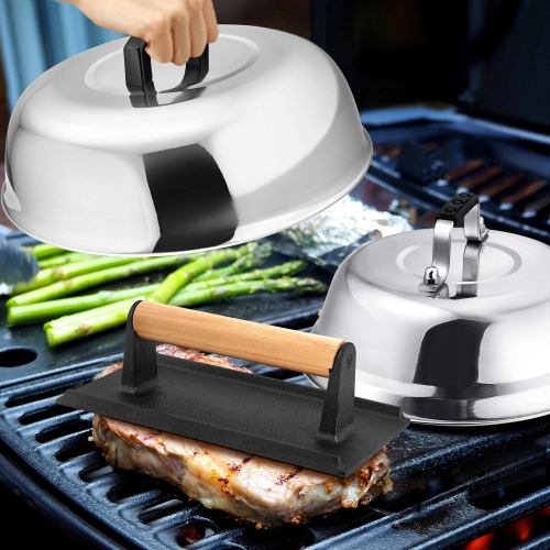 Cheese Melting Domes with Grill Press, 23cm & 30cm Basting Cover, Cast Iron Burger Press Cooking Bacon Meat, Griddle Accessories Kit for Outdoor BBQ