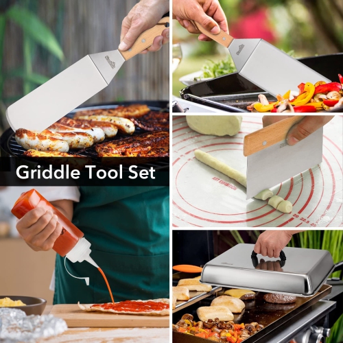 BBQ Griddle Accessories Set of 6 - Heavy Duty Stainless Steel Scraper, Spatula, Basting Cover and Bottles for Blackstone, Camp Chef Grill and Outdoor
