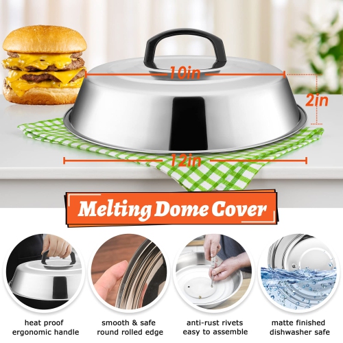 12In Cheese Melting Dome & 7In Cast Iron Grill Press, Stainless Steel Basting Cover with Heavy Duty Burger Bacon Press, Griddle Accessories for