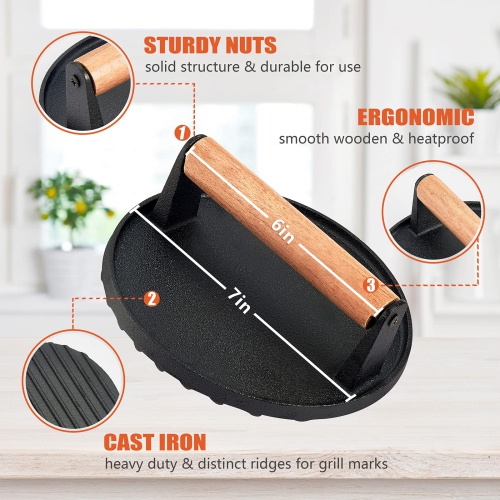 12In Cheese Melting Dome & 7In Cast Iron Grill Press, Stainless Steel Basting Cover with Heavy Duty Burger Bacon Press, Griddle Accessories for