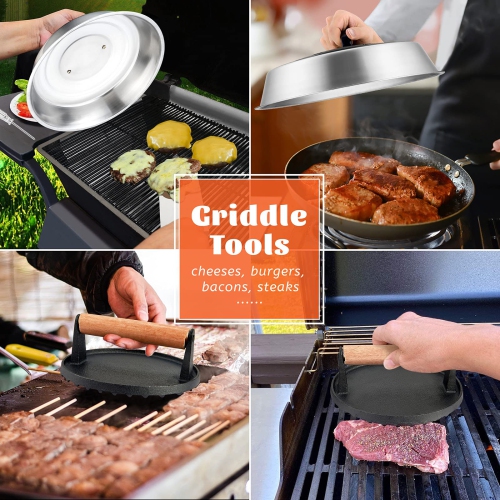 12In Cheese Melting Dome & 7In Cast Iron Grill Press, Stainless Steel Basting Cover with Heavy Duty Burger Bacon Press, Griddle Accessories for