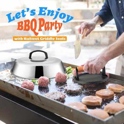 12In Cheese Melting Dome & 7In Cast Iron Grill Press, Stainless Steel Basting Cover with Heavy Duty Burger Bacon Press, Griddle Accessories for