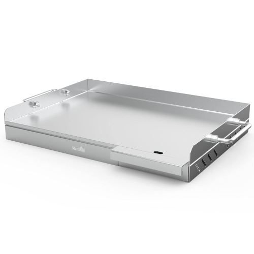 Image 1 of 7.. Universal Stainless Steel Grill Griddle with Even Heat Cross Bracing for BBQ Charcoal/Gas Grills, Camping, Tailgating, and Parties 18” x 13”