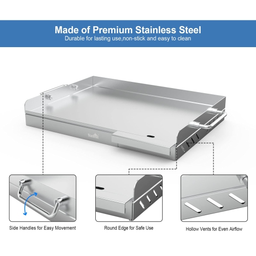 Universal Stainless Steel Grill Griddle with Even Heat Cross Bracing for BBQ Charcoal/Gas Grills, Camping, Tailgating, and Parties 18” x 13”