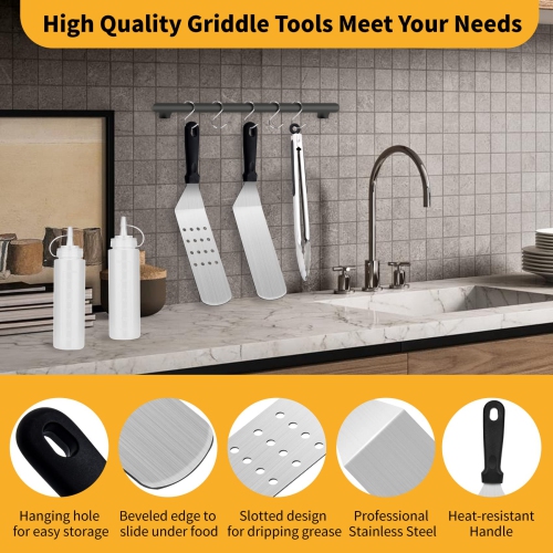 10PCS Professional BBQ Griddle Tool Kit for Flat Top Grill Blackstone and Camp Chef - Stainless Steel Griddle Spatulas Accessories Kit with Griddle