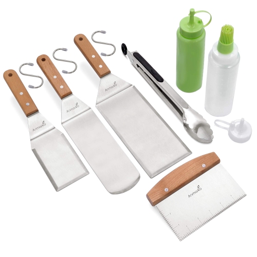 Image 1 of 7.. Wh 4psc Set Tongs Bottles Hooks AMetal Spatula Set - Griddle Accessories kit - Grill Flat Spatula Pancake Flipper Hamburger Turner - Metal Utensil