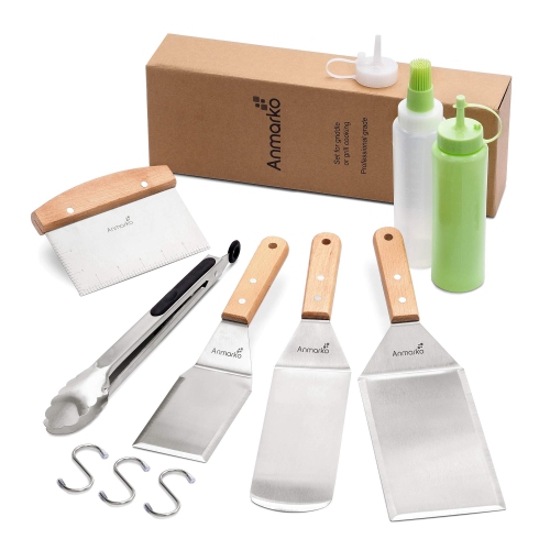 Wh 4psc Set Tongs Bottles Hooks AMetal Spatula Set - Griddle Accessories kit - Grill Flat Spatula Pancake Flipper Hamburger Turner - Metal Utensil