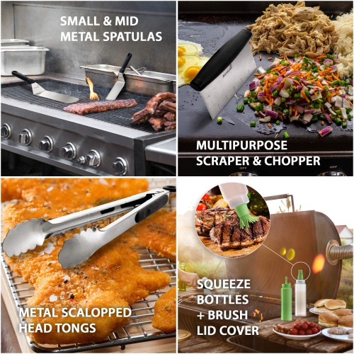 Metal Spatula Set Stainless Steel and Scraper - Professional Chef Griddle Spatulas Set of 6 - Heavy Duty Accessories Great for Cast Iron BBQ Flat Top