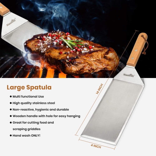 Set of 4 BBQ Grill Accessories Tool Kit - Stainless Steel Griddle Spatula Scraper Tools and Cast Iron Grill Press for Flat Tops, Griddles, Grills,