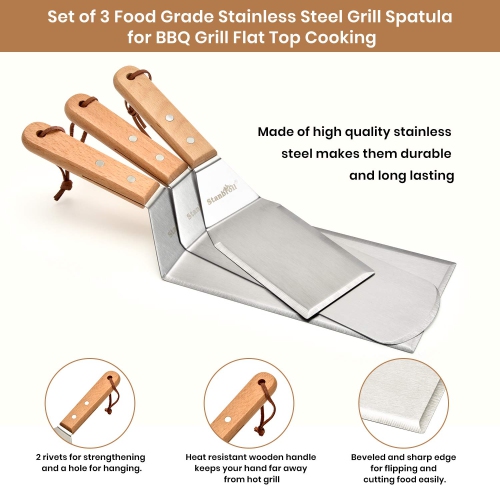 Set of 4 BBQ Grill Accessories Tool Kit - Stainless Steel Griddle Spatula Scraper Tools and Cast Iron Grill Press for Flat Tops, Griddles, Grills,