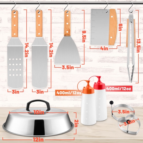 Griddle Accessories Set of 10, Stainless Steel Griddle Tools Kit for Flat Top Teppanyaki BBQ Cooking Camping, 12” Melting Dome Metal Spatulas