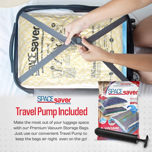 Premium Vacuum Storage Bags. 80% More Storage! Hand-Pump for Travel! Double-Zip Seal and Triple Seal Turbo-Valve for Max Space Saving!