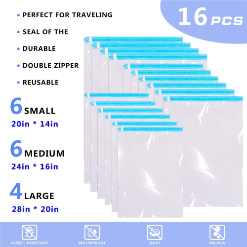 Bags -Pack of 16 Bags. Roll-Up Compression Storage, No Vacuum Pump Needed, Save 75% Luggage Space, Perfect for Travel/Camping/Home Storage